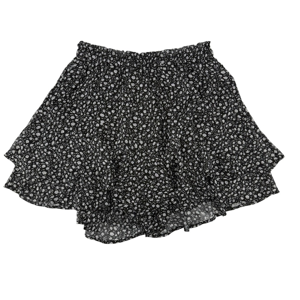 Black Floral Ruffle Flowy Shorts Elastic Waist Flirty Flower Tiered‎ Boho Size M